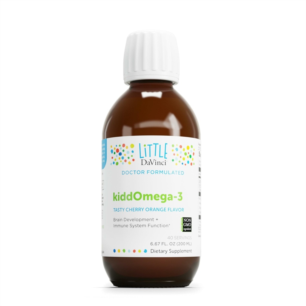 DAVINCI Labs kiddOmega-3 - Supplément Omega-3 liquide pour les enfants - pour le système immunitaire, le focus et le soutien du cerveau* - avec le fruit du moine, le DHA, l'EPA et bien d'autres - Saveur orange cerise - 200mL
