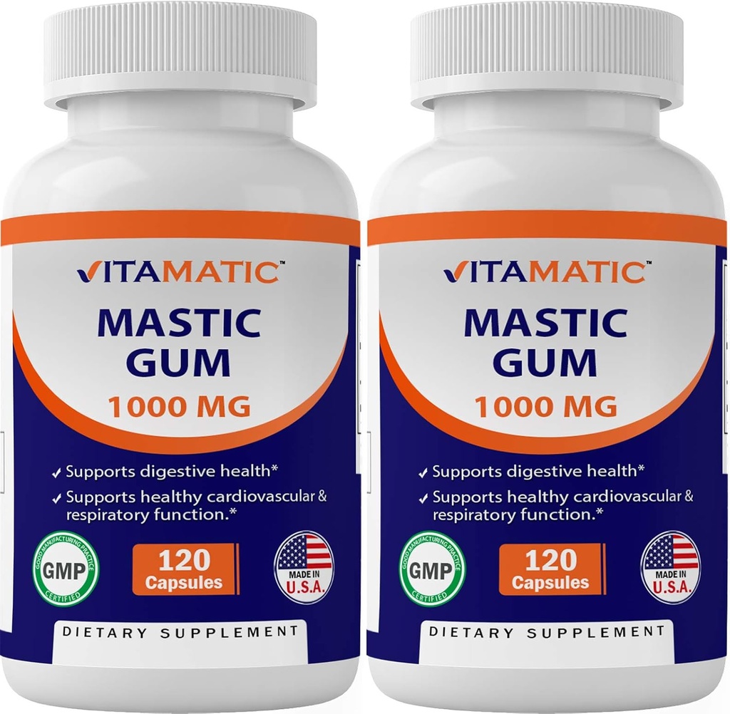 Vitamatic 2 Pack Mastic Gum 1000mg pro Servierung - Unterstützung Verdauungsfunktion, gastrointestinale Gesundheit, Immun- und Oral-Wellness, Insgesamt 240 Kapseln