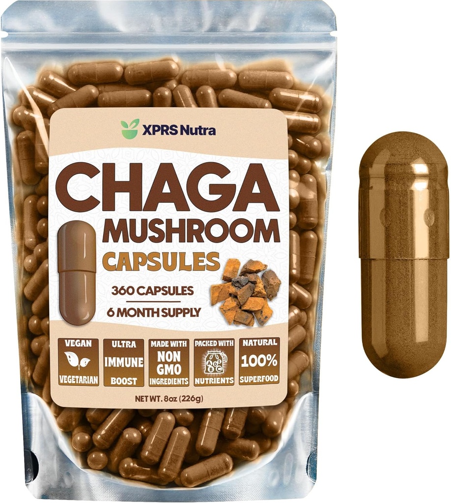 XPRS Nutra Chaga Mushroom Capsules - Premium USDA Chaga Mushrooms Capsules- Incapsulato Chaga Mushroom Powder per un Boost Immunity - Vegan Friendly Superfood per Chaga Tea and Beverages - 360 Count