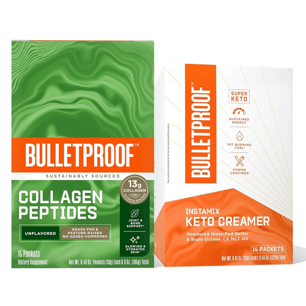 Bulletproof Coffee Duo - InstaMix Keto Coffee Creamer mit Grass-Fed Ghee und MCT Öl, 14 Pack & Unflavored Collagen Protein mit 13g Grass-Fed Collagen Peptides für Haut, Knochen und Gelenke, 15 Pack