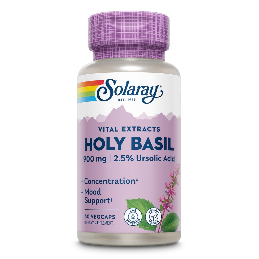 SOLARAY Holy Basil 1000 mg - Tulsi Holy Basil Adaptogen avec 2,5 % d'acide ursolique - Soutien, focus, stress occasionnel et soutien de l'humeur - Non-OGM, végétalien, sans gluten, garantie de 60 jours, 30 portions