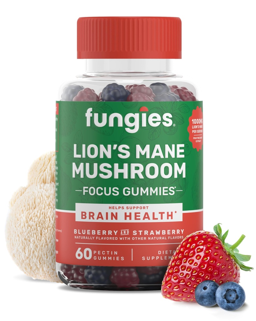Fungies Lion's Mane Mushroom Gummis, Mixed Blueberry & Strawberry Flavor - Pilzergänzung Gummy für Erwachsene & Kinder unterstützt Gehirngesundheit, Kognitive Funktion, Fokus, Gedächtnis &amp; Stimmung, 60 Servierungen