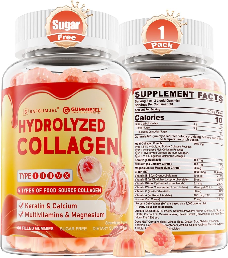 Gummie di peptide di collagene per gli uomini delle donne, Supplemento multi collagene senza zucchero, 1400mg Tipi di collagene idrolizzato I II III V X, 5000mcg Biotina, Vitamina C A E D3 B6 per capelli, pelle e unghie, Bone, 60Cts