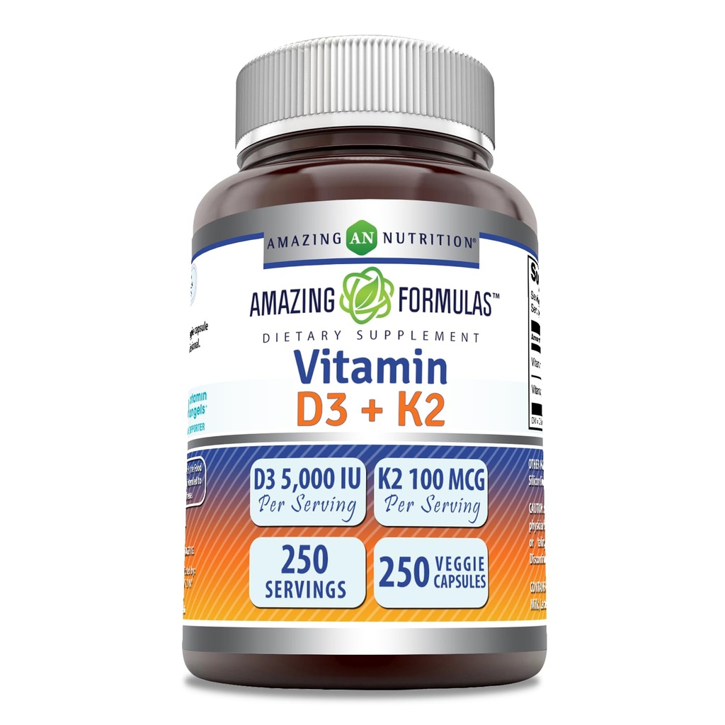 Amazing Formulas Vitamin D3 5000 IU with Vitamin K2 100 Mcg| 250 Veggie Capsules | D3 + K2 Complex | Non-GMO | Gluten Free | Made in USA
