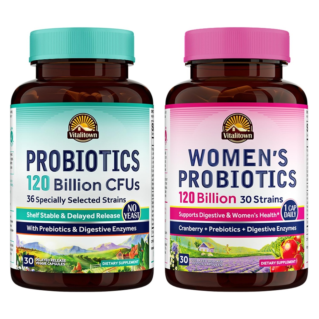 Vitalitown Probiotisches Bundle (Paket von 2) | Probiotika 120 Milliarden CFUs (Artikel 1) & Frauen Probiotika (Artikel 2) | Regal stabil, einmal täglich | Gut, Immun, Vaginal Health | 60 Kapseln | 30-Tage-Versorgung