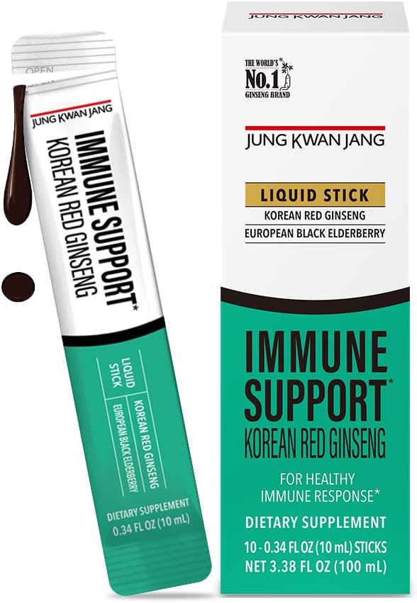 JUNG KWAN JANG Korean Red Panax Ginseng (800mg) e Elderberry (469mg) Supporto immunitario Sticks di estrazione ogni volta, supplemento antiossidante per l'immunità e il benessere quotidiano, 10 conte