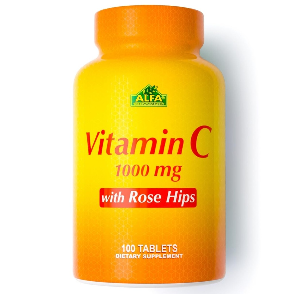 ALFA VITAMINS Vitamin C mit Rose HIPS mit 1000 mg Vitamin C pro Portion - Antioxidant & Immununterstützung + Unterstützt gesunde Haut & Gelenke - Non GMO, Vegan, Glutenfrei, Dairy Free - 100 Tabletten