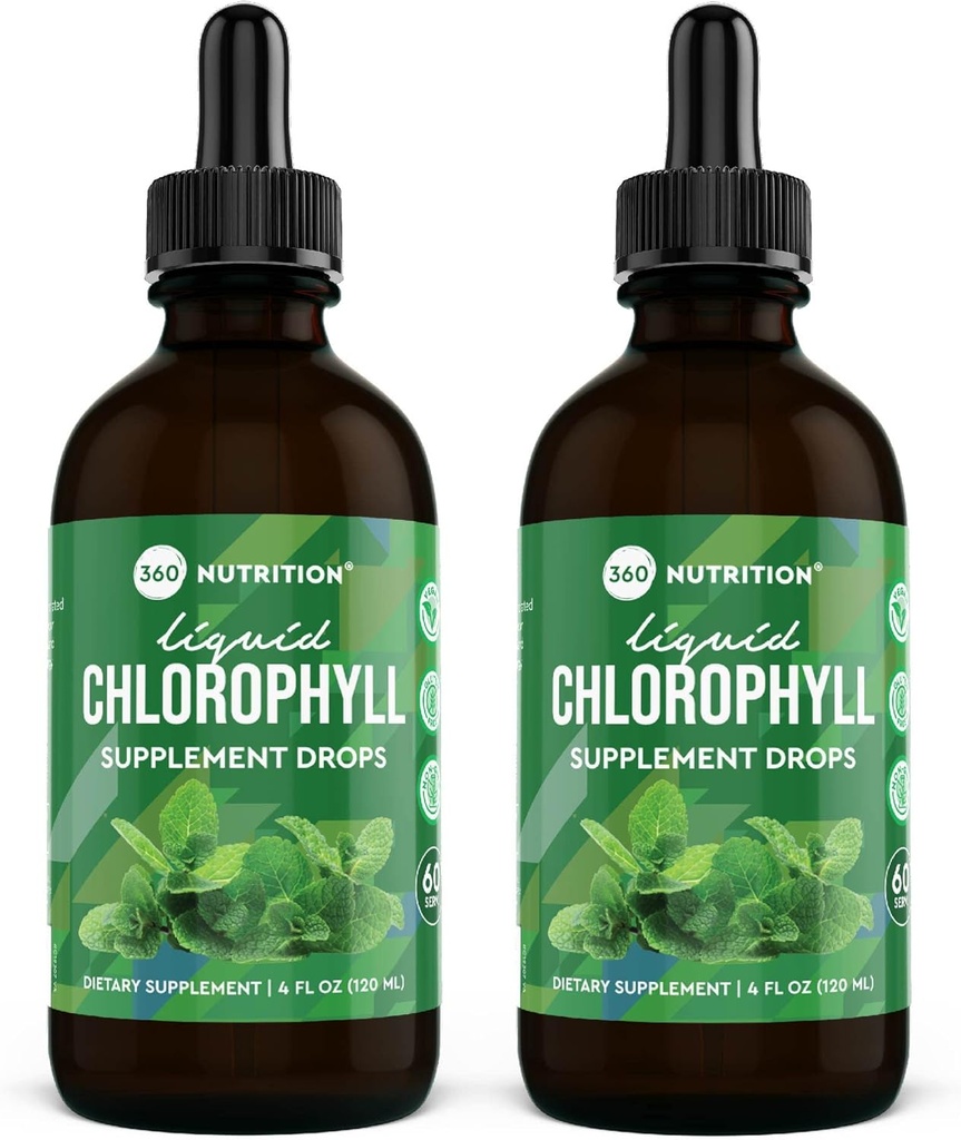 360 Nutrition Chlorophyll Liquid Drops with Peppermint Oil, GF & Vegan Body Internal Deodorant Supplement, Supports Gut Health, Digestione, Energia, Pelle Radiante, Assorbimento Veloce (4 Fl Oz (2 Conto)