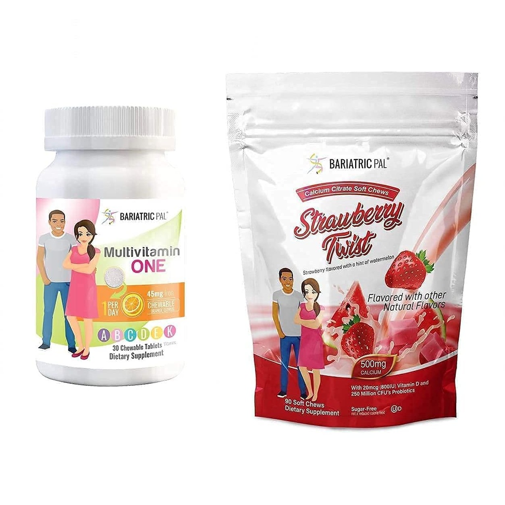 BariatricPal 30-Day Bariatric Vitamin Bundle (Multivitamin ONE 1 al giorno! Masticabile con ferro da 45 mg - agrumi arancio e citrato di calcio Cuciture morbide 500mg con probiotici - Strawberry Twist)