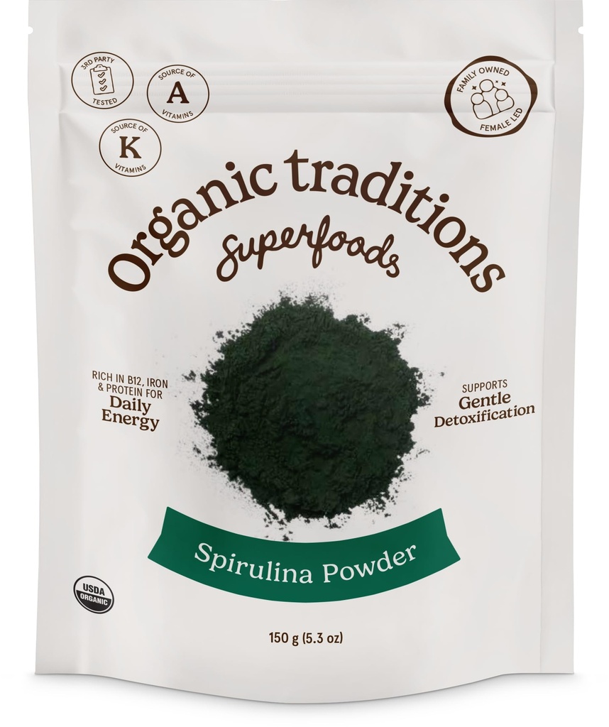 Traditions biologiques Poudre de spiruline biologique Vegan Non-OGM Superfood, 5,3 oz (150g) Sac, 50 portions par sac