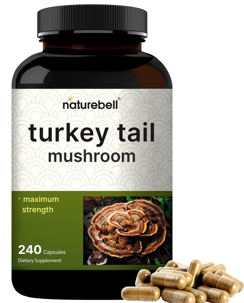 NatureBell Turkey Tail Mushroom Capsules 15 000mg Par portion, 240 Comte , 25:1 Fruit Corps et extrait de mycélium – Supplément de champignons de santé immunitaire et cérébrale.