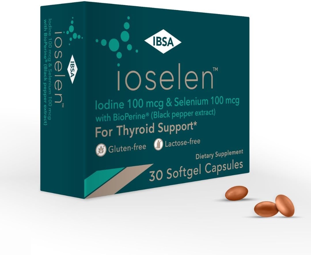 Ioselen - Integratore di supporto tiroideo – 100 mcg Selenio, 100 mcg Iodio, 5mg BioPerine - 30 Morbido-Gel Caps per una maggiore biodisponibilità e assorbimento - senza glutine, senza lattosio, senza zucchero, senza OGM