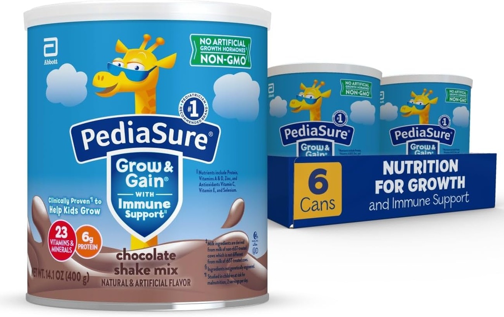 PediaSure Grow & Gain with Immune Support Shake Mix Powder, 23 Vitamins & Minerals, 6g Protein, Non OGM, Gluten-Free, Kids Nutrition, Chocolate, 14.1 oz Can, Confezione da 6-48 porzioni
