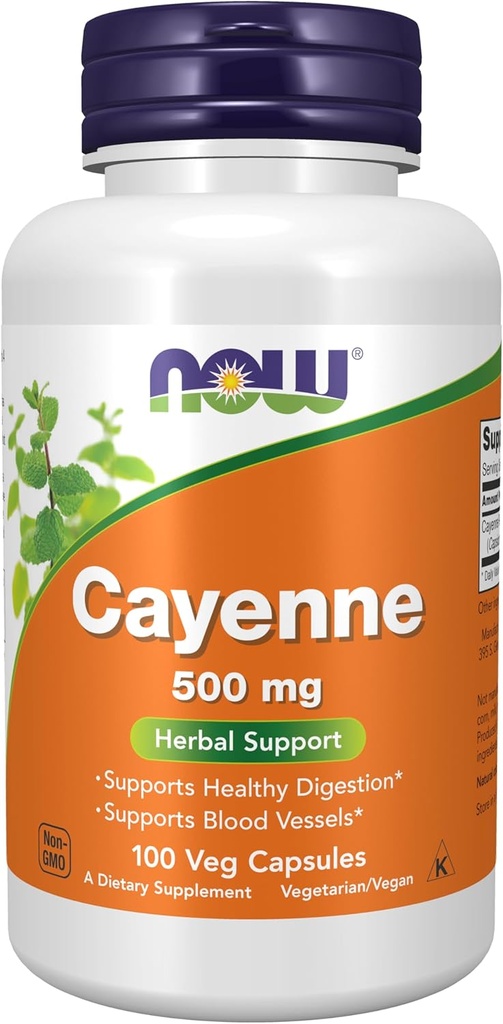 NOW Alimenti Integratori, Cayenne (Capsicum annuum) 500 mg, Supporto di erbe, 100 capsule di Veg
