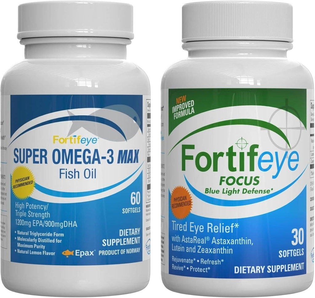Fortifeye Blue Light and Heart Health Support Bundle | Super Omega-3 Max Fish Oil, 60 Softgels, und Fokus Blue Light Defense, 30 Softgels