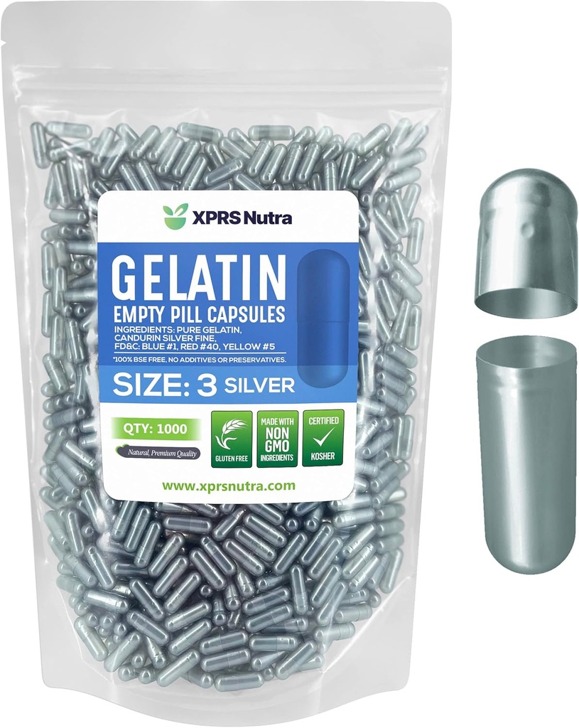 XPRS Nutra Size 3 capsule vuote - 1000 conta capsule Gelatin vuote - pillole DIY Capsule Filling - Pure Bovine Pill Gel Caps per Do-It-Yourself Supplements (argento)