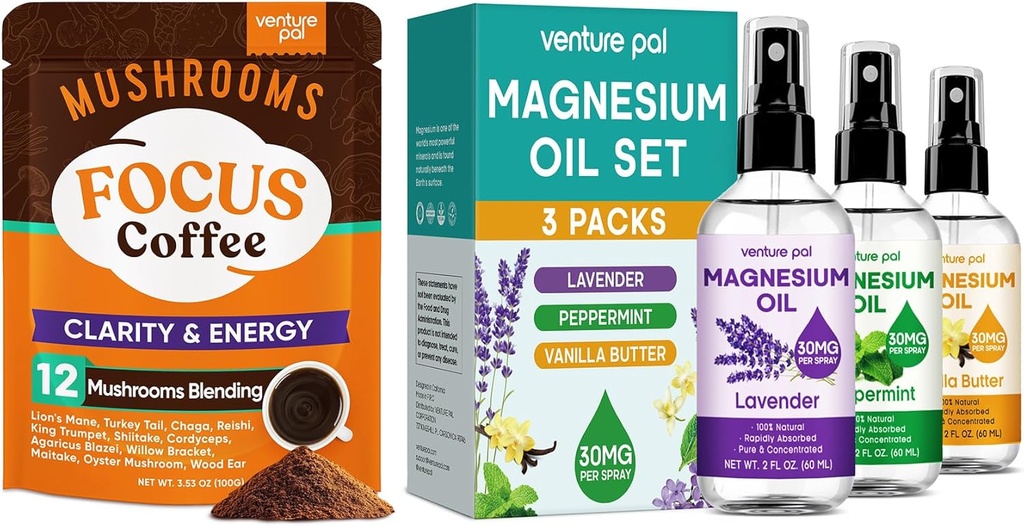 Bundle di spruzzo dell'olio di caffè &amp; magnesio: 12 in 1 Caffè con Ashwagandha per messa a fuoco e immunità + 3 confezioni Spray di magnesio puro per il rilassamento, sonno e sollievo muscolare - 40 Servings