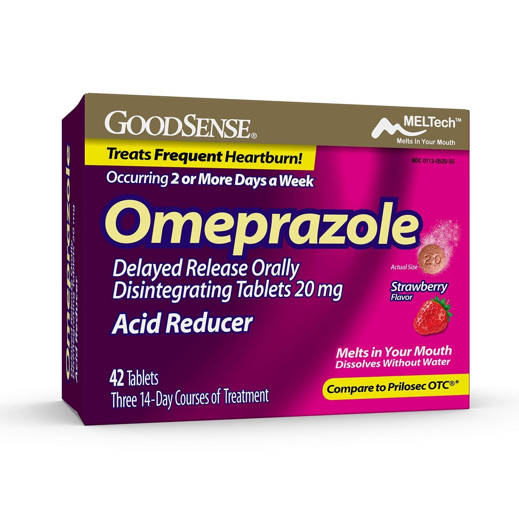 GoodSense Omeprazol Delayed Release Orally Disintegrating Tablets 20 mg, Erdbeeren Geschmack, Auflösen Tabs, Treats Häufigkeit Sodbrennen, Säure Reducer, Sodbrennenmedizin, 42 Tabletten