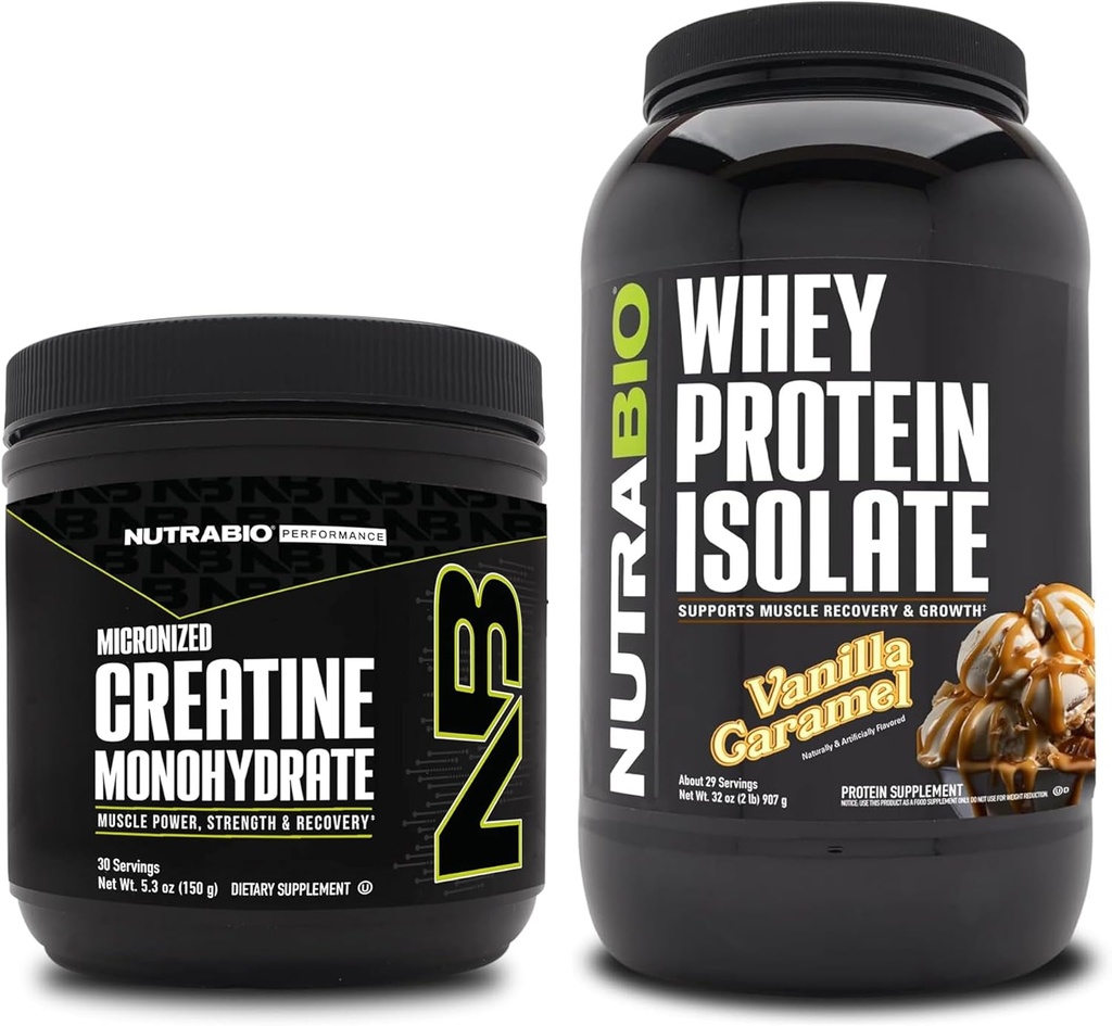 NutraBio Créatine monohydratée, non aromatisée, Isolée de protéines de 150g et de lactosérum, Caramel de la vanille, supplément - Énergie musculaire, croissance musculaire maigre, récupération et force