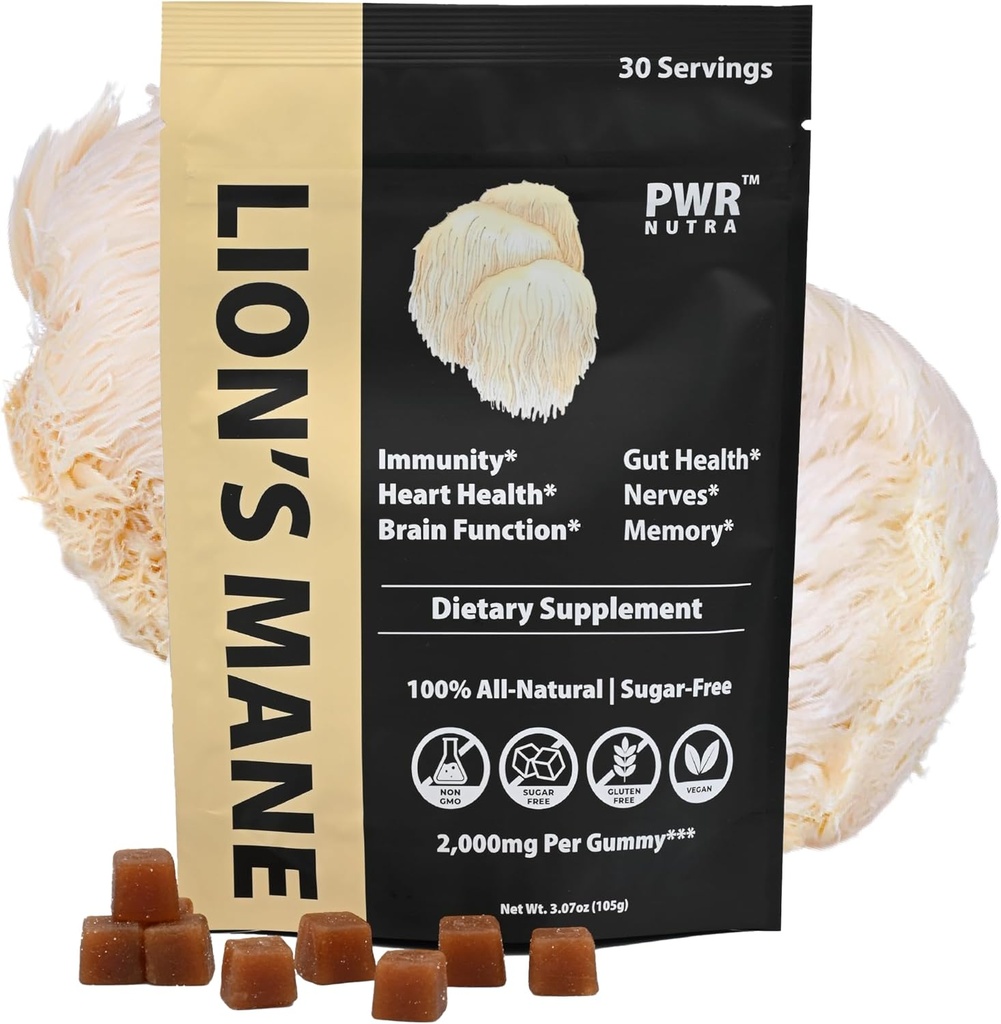 REAL Lion’s Mane Mushroom Gummies - cuore, immunità, infiammazione, supporto cerebrale, Vegan, senza zucchero, GF, 30 TRUE Servings, 3.7oz