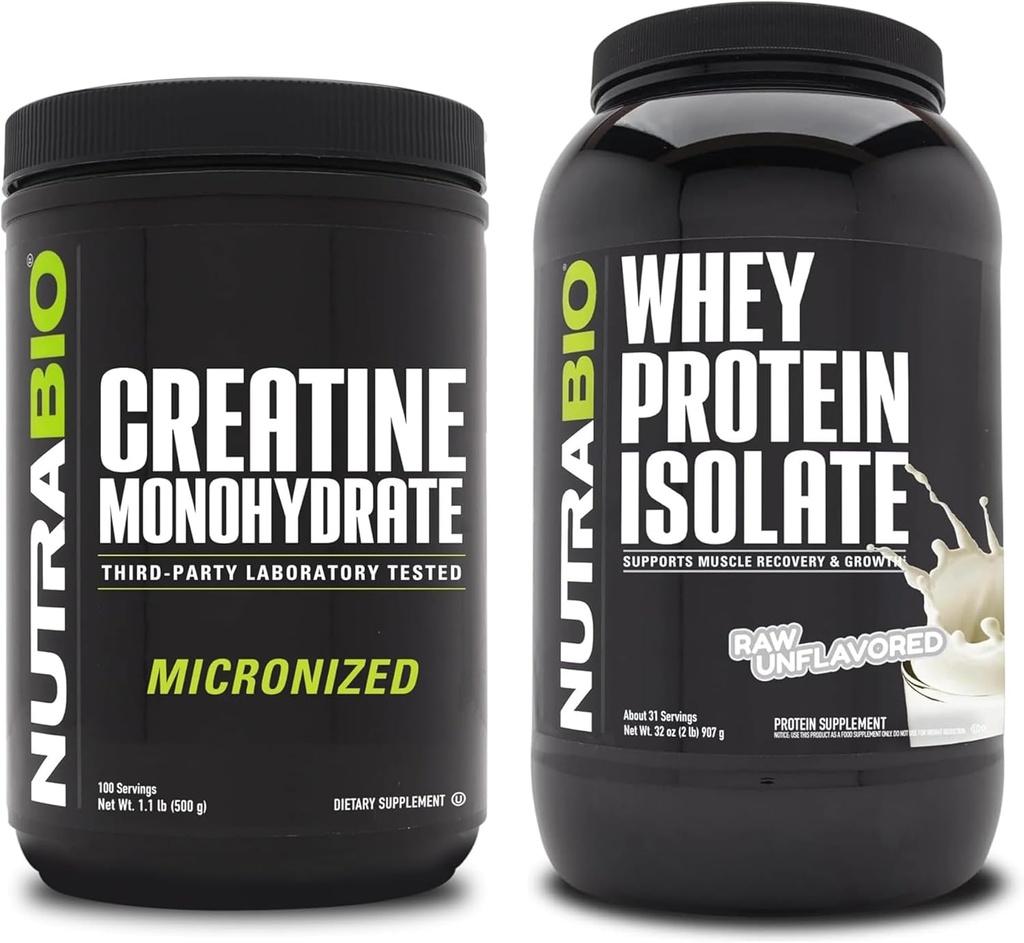 NutraBio Creatine Monohydrat, Unflavored, 500g und Whey Protein Isolate, Unflavored, Supplement Bundle - Muskelenergie, Lean Muskelwachstum, Erholung und Stärke