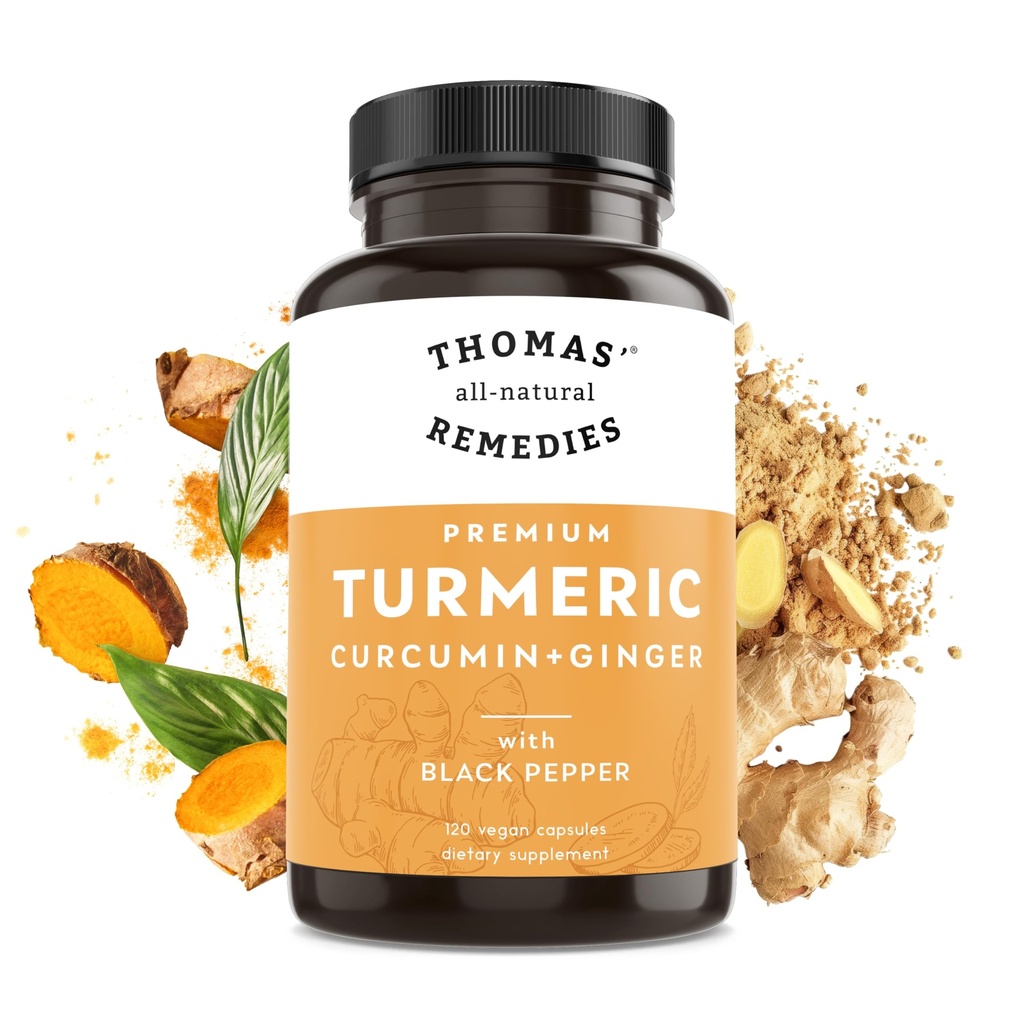 Thomas' all-natürliche Heilmittel Kurkumin und Ginger mit schwarzem Pfeffer, Organic Turmeric Joint Support Supplement- 95% Curcumin - NO Füllstoffe, Vegan - 120ct