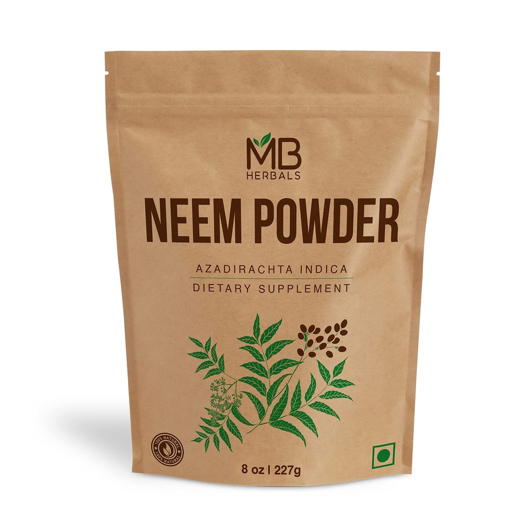 MB Kräuter reines Neem Pulver 8 oz | 227 Gramm / 0.5 LB reines Wild-Crafted Neem Blatt Pulver | Ergänzung für Haut und Haar | Azadirachta Indica
