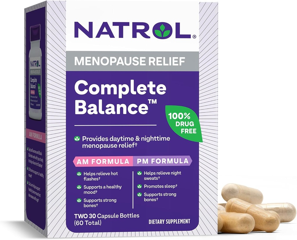 Natrol Complete Balance, Nahrungsergänzung für Menopause Relief, A.M./P.M. Menopause Relief für Frauen, 60 Kapseln, Bis zu 30 Tage Versorgung