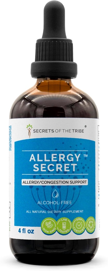 Allergie Extrait secret sans alcool, Teinture, Glycérite Rosemary, Mullein Leaf, Marshmallow, Stinging Nettle, Eyebright. Soutien à l'allergie/congestion (4 FL OZ)