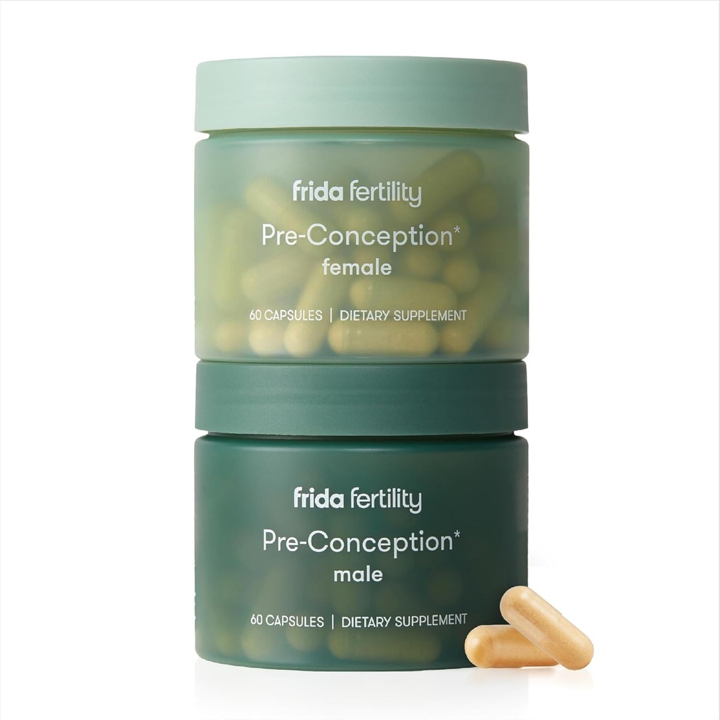 Frida Fertility Pre-Conception Supplement Set, Seine & Hers tägliche Vitamine & Minerals für Fruchtbarkeit, Eierunterstützung & Sperm Gesundheit, Folsäure, Inositol, CoQ10, 60 Kapseln Jede, 30 Tage Versorgung