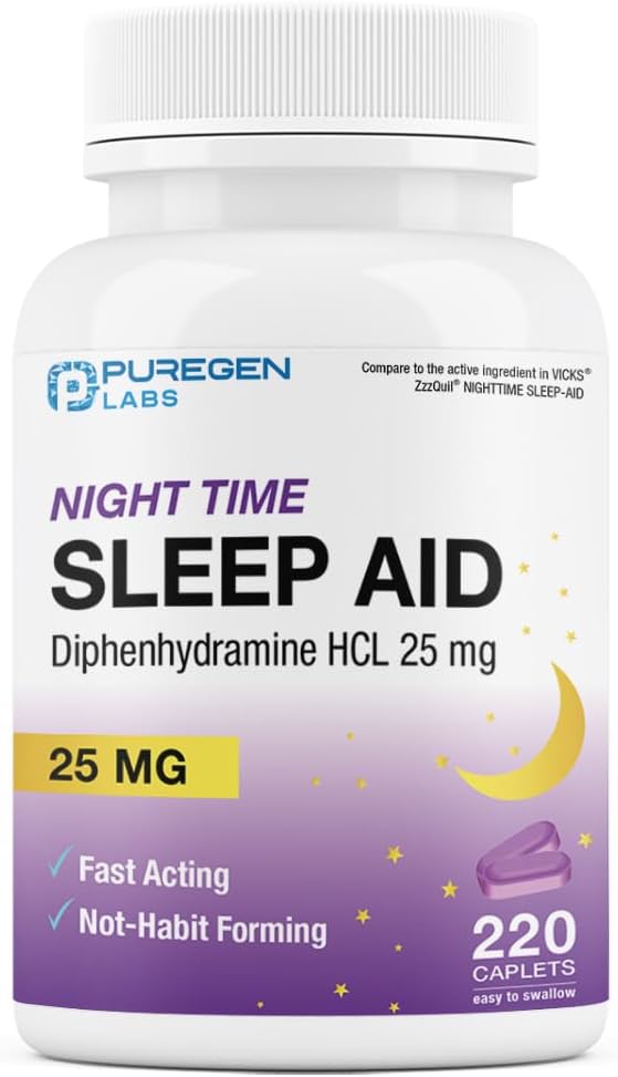 Puregen Labs Schlafhilfe-Kapseln, Diphenhydramin HCl 25mg - 220 Count | Unterstützt tieferes, restliches Schlafen, Nicht Habit-Forming | Made in USA