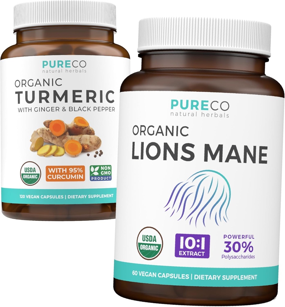 Turcuma & Lions Mane (1-Mois d'approvisionnement) Turcuma réfléchi de Curcumine Turcuma biologique avec poivre noir et gingembre (120 capsules) et lions biologiques Mane Champignon 10:1 Extrait (60 capsules)