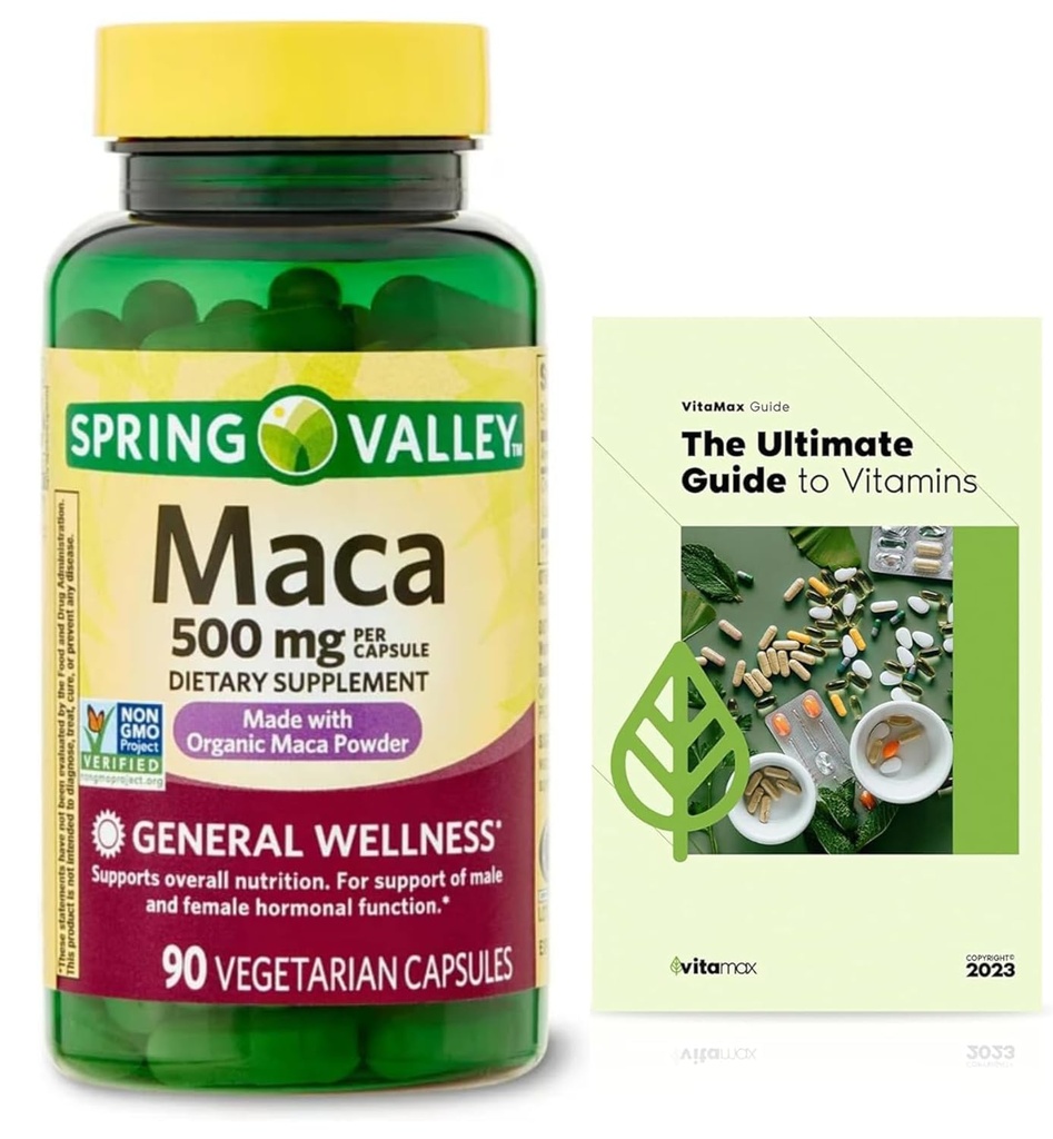 Générique Spring Valley Maca Root 500mg Capsules, Bio Maca Root pour les femmes et les hommes + Guide exclusif VitaMax Vitamine (2 articles)