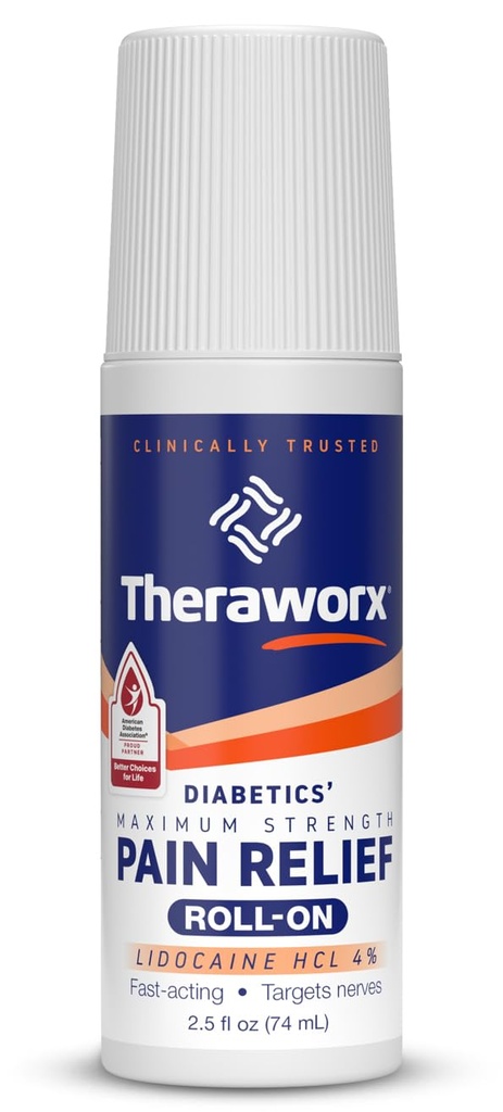 Rilievo di dolore di diabetici massima resistenza di Theraworx Roll-On con lidocaina - 2.5 oz - 1 conte