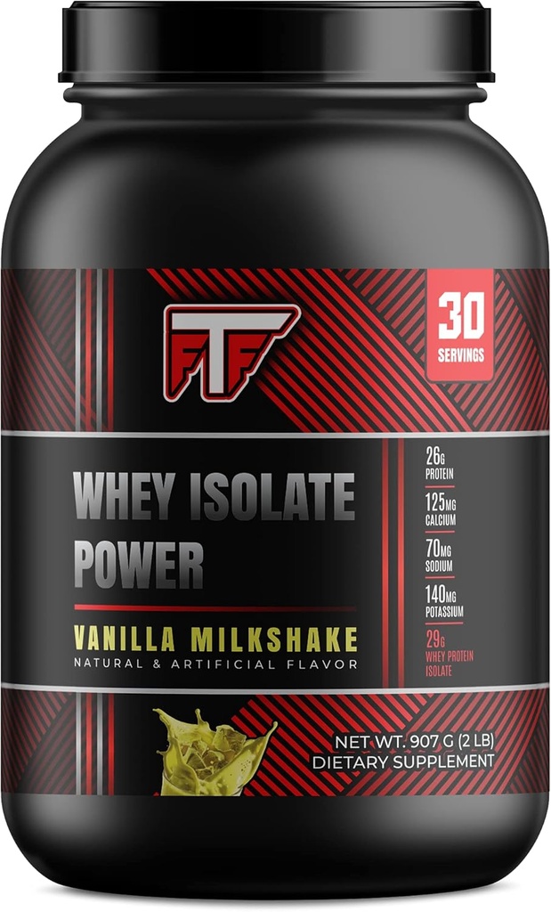 Whey Isolate Power Vanilla Milkshake, 26g de 100% Whey Protein Isolate par portion pour construire le muscle maigre - Vanilla Milkshake, 2lb- 30 portions