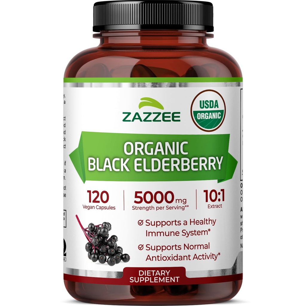 Zazzee USDA Organic Black Elderberry 10:1 Extract, 5000 mg Strength, 120 Vegan Capsules, 2 mesi di fornitura, Standardized, Concentrated 10X Extract, 100% Vegetariano, All-Natural, Non-OGM, Made in the USA