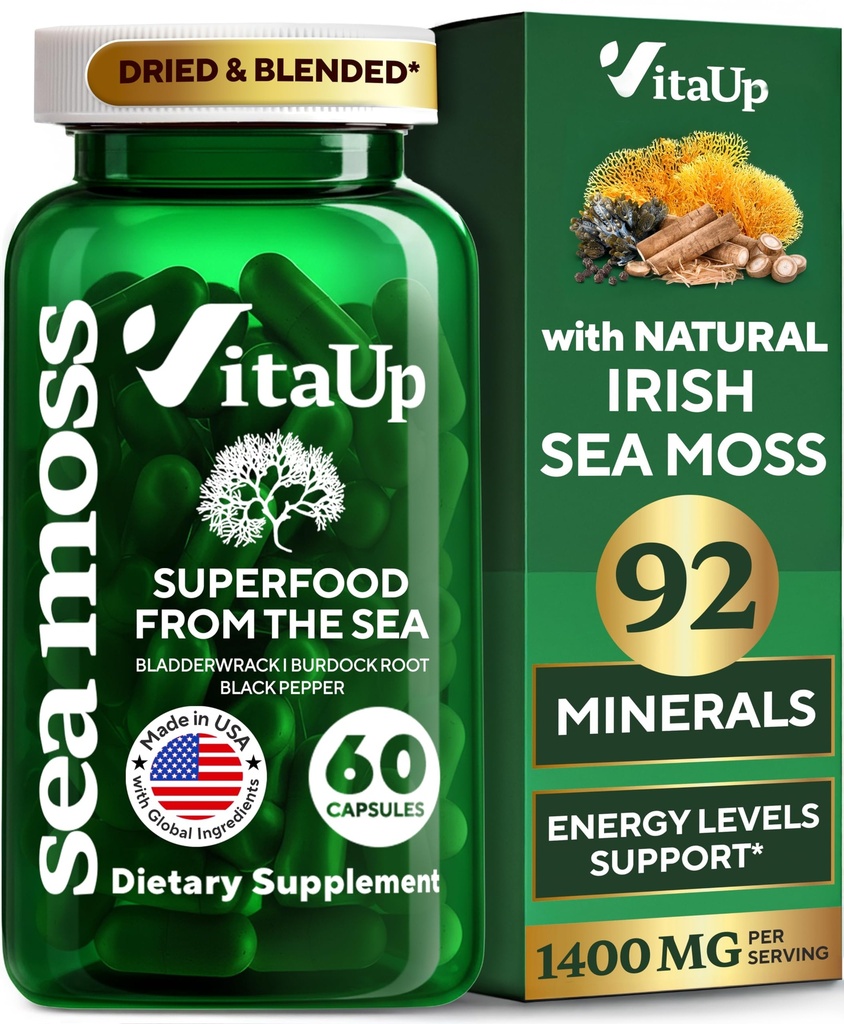 Wildcrafted Irish Sea Moss Capsule con Burdock Root & Bladderwrack - USA Made Sea Moss Advanced for Hair, Skin, Immune & Energy Levels Support - SeaMoss Pills - 60 Vegan Capsule