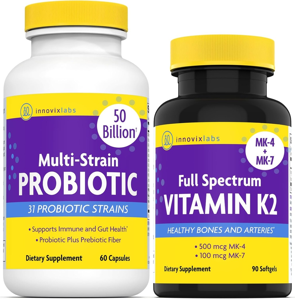 InnovixLabs Vitamin K2 & Probiotic Bundle Full Spectrum Vitamin K2 (90 Softgel Capsules) Multi-Strain Probiotic (60 Time-Release Capsule). Supporta Bones, Immune e Healthy Gut. *