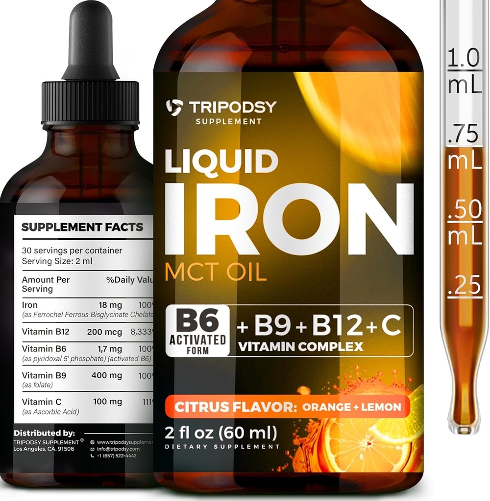 Supplément en fer liquide pour les femmes et les hommes - gouttes de fer avec B6, B9, B12, Vitamine C pour l'anémie, Constructeur de sang, Folate pour globule rouge et Imune support MCT huile (2 FL OZ, Cirtruc)