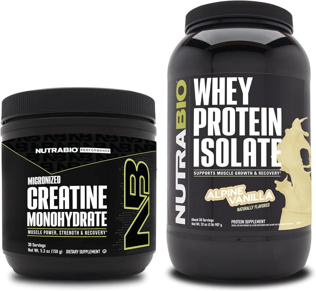 NutraBio Creatine Monohydrate, Unflavored, 150g und Whey Protein Isolate, Alpine Vanilla, Supplement Bundle - Muskelenergie, Lean Muskelwachstum, Erholung und Stärke