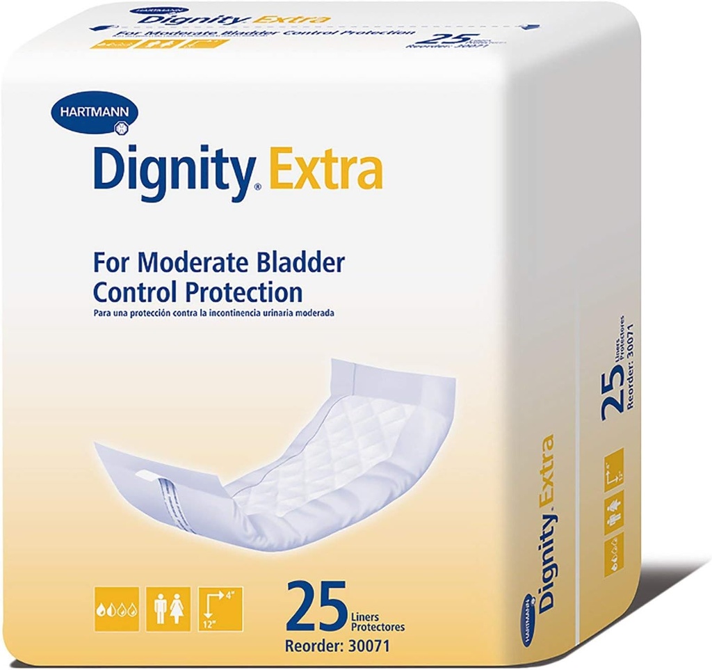 Dignity Extra Incontinence Liner für Männer und Frauen - Bladder Leak Pads, Moderate Absorbency - One Size Fits Most, 4 in x 12 in, 25 Count, 1 Pack