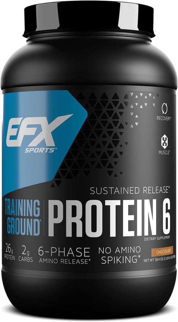 EFX Sports Entraînement Protéines au sol 6=1 Isolé et concentré, blanc d'oeuf et protéines de pois 26g 6-Source Protéines à libération prolongée 32 portions (chocolat)