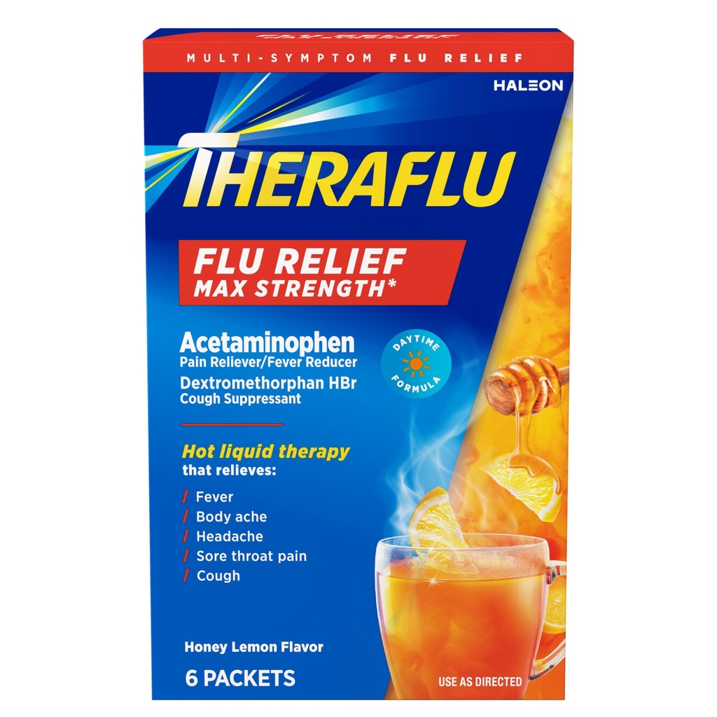 Theraflu Max Strength Daytime Flu Medicine for Flu Symptom Relief mit Acetaminophen und Dextromethorphan HBr, Honey Lemon Flavored - 6 Pulver-Packets