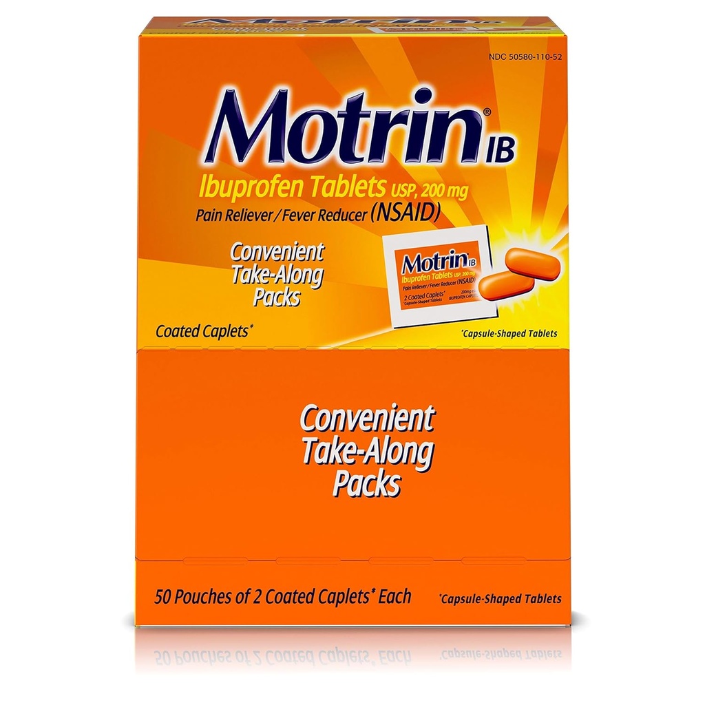 Motrin IB - comprimés d'ibuprofène, deux comprimés par paquet, 50 paquets au total, une boîte