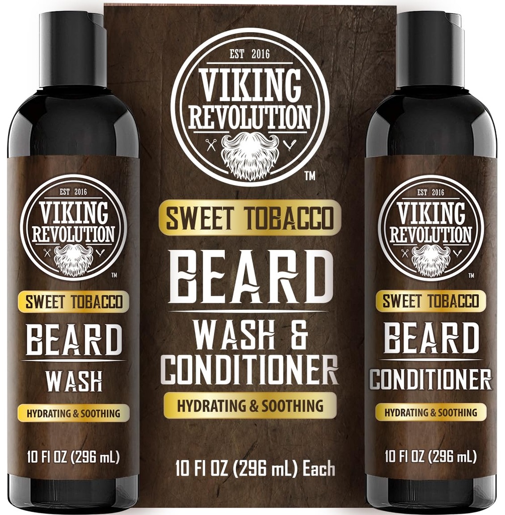 Viking Revolution Bart Wash und Bart Conditioner für Männer mit Argan Öl und Jojoba Öl - Bart Weichmacher und Stärkung Bart Pflege Bart Shampoo und Conditioner mit Bartöl (10oz, Sweet Tobacco)