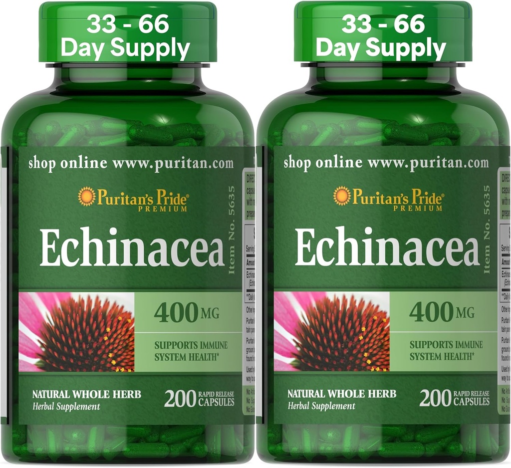 Puritan's Pride Premium Echinacea Natural Whole Herb Herbal Supplement 400mg, Dietary Supplement for Health, Immune System Support, 200 Rapid Release Capsules, 2 Pack