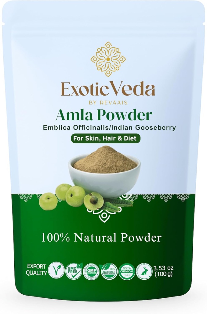 Amla Powder | 100% reine und natürliche indische Gänsebeere | Ayurvedische Kräuterergänzung für Haarpflege, Haut Glow & Wellness | Non-GMO, keine Zusatzstoffe, Konservierungsstoffe oder Füllstoffe | 100g Pouch