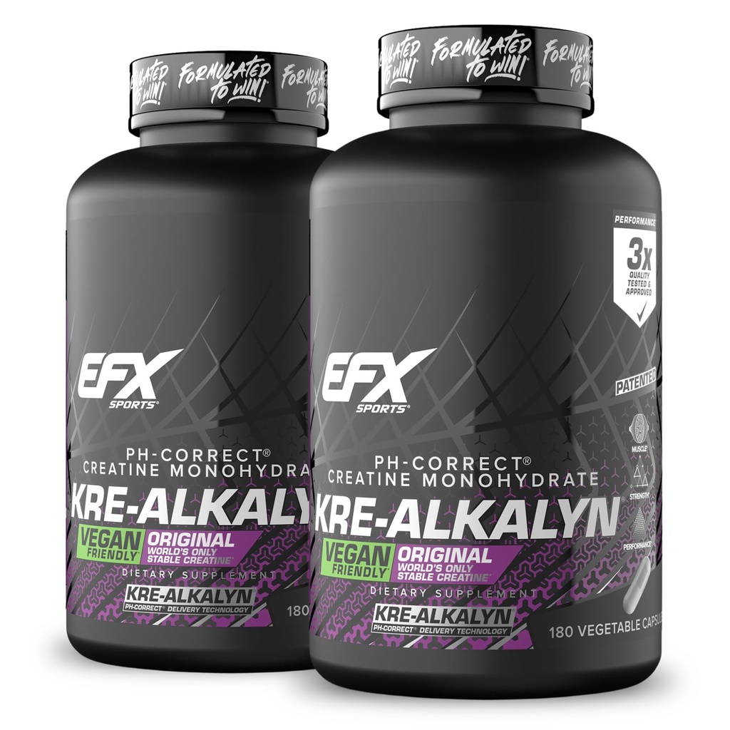 EFX Sports Kre-Alkalyn EFX | pH Korrekt Kreatin Monohydrat Pill Supplement | Vegan Friendly | Stärke & Muskelwachstum | 90 Servierungen, 180 Veggie Kapseln (Pack von 2)
