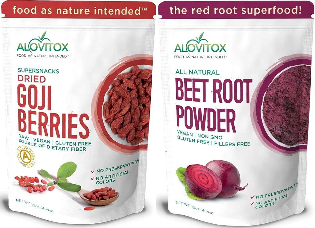 Alovitox Beet Root Powder & Goji Beeren | 100% Pure, Fresh & Organic Vegan Superfood mit Vitaminen A, C & Iron | Hilft niedrigeren Blutdruck, Balance Oxygen Use & Boost Stamina während Workouts | 2x 16
