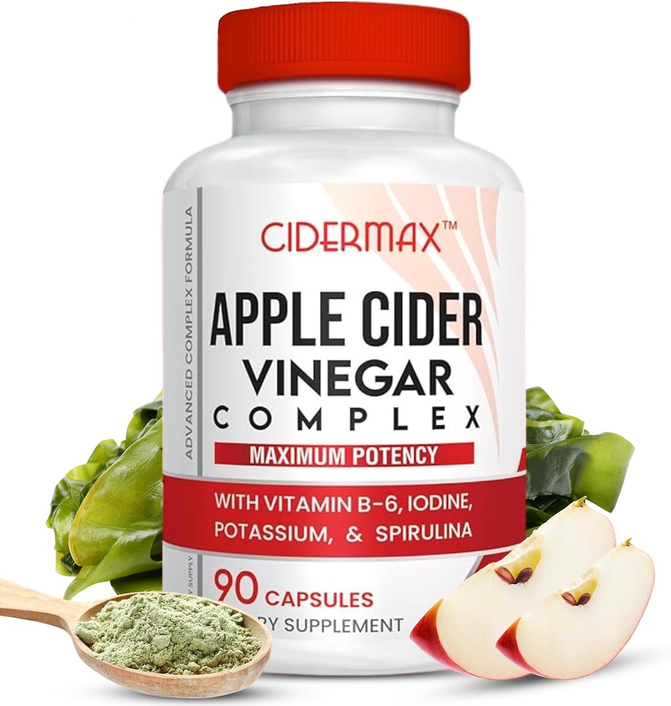 Capsules complexes de vinaigre de cidre de pomme - Capsules d'approvisionnement de 90 jours pour le soutien de la gueule, le poids équilibré et la désintoxication du corps - Toutes les vitamines naturelles B6, Kelp, Potassium et supplément Spiruline par Cidermax
